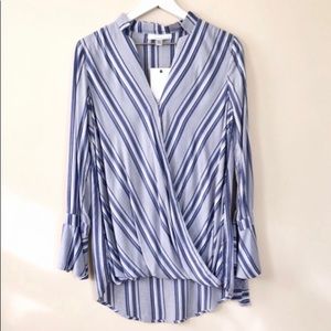 NWT Striped Wrap Front Flounce Sleeve Blouse